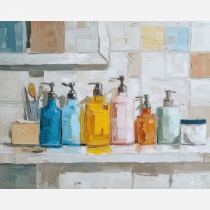 calm, plane, funny bathroom, palette knife, oil painting, impasto, thick paint, textured surface, expressive art, painterly style, material depth, visual rhythm, hand painted, layered pigment, atmospheric, fine art, contemporary painting