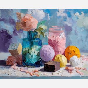 soft, mood, alice in wonderland, palette knife, oil painting, impasto, thick paint, textured surface, expressive art, painterly style, material depth, visual rhythm, hand painted, layered pigment, atmospheric, fine art, contemporary painting