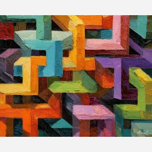 playful, pattern, geometric abstract, palette knife, oil painting, impasto, thick paint, textured surface, expressive art, painterly style, material depth, visual rhythm, hand painted, layered pigment, atmospheric, fine art, contemporary painting