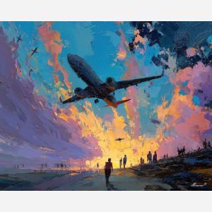 dark, plane, alice in wonderland, palette knife, oil painting, impasto, thick paint, textured surface, expressive art, painterly style, material depth, visual rhythm, hand painted, layered pigment, atmospheric, fine art, contemporary painting