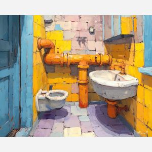 graphic, trace, funny bathroom, palette knife, oil painting, impasto, thick paint, textured surface, expressive art, painterly style, material depth, visual rhythm, hand painted, layered pigment, atmospheric, fine art, contemporary painting