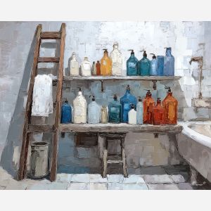 subtle, depth, funny bathroom, palette knife, oil painting, impasto, thick paint, textured surface, expressive art, painterly style, material depth, visual rhythm, hand painted, layered pigment, atmospheric, fine art, contemporary painting