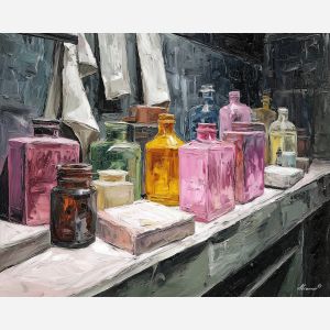 dark, moment, funny bathroom, palette knife, oil painting, impasto, thick paint, textured surface, expressive art, painterly style, material depth, visual rhythm, hand painted, layered pigment, atmospheric, fine art, contemporary painting