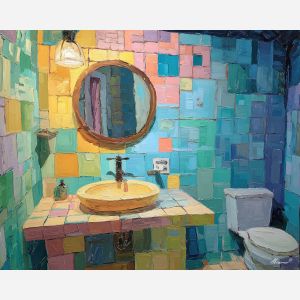 silent, motion, funny bathroom, palette knife, oil painting, impasto, thick paint, textured surface, expressive art, painterly style, material depth, visual rhythm, hand painted, layered pigment, atmospheric, fine art, contemporary painting