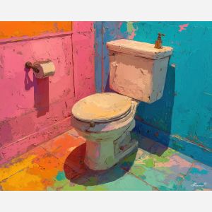 sharp, low, state, funny bathroom, palette knife, oil painting, impasto, thick paint, textured surface, expressive art, painterly style, material depth, visual rhythm, hand painted, layered pigment, atmospheric, fine art, contemporary painting