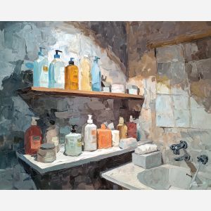 drifting, depth, funny bathroom, palette knife, oil painting, impasto, thick paint, textured surface, expressive art, painterly style, material depth, visual rhythm, hand painted, layered pigment, atmospheric, fine art, contemporary painting