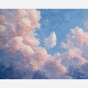 cute ghost,cloud nap,soft sky,oil painting