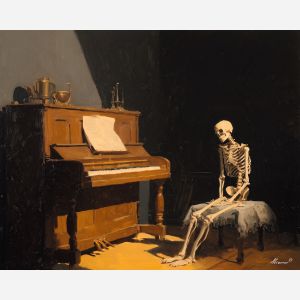 skeleton piano,music room,oil painting