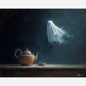 cute ghost,teapot steam,cozy kitchen,oil painting