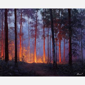fire nature element,glowing trees,forest edge,oil painting