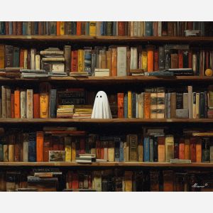 cute ghost,bookstore spirit,cozy books,oil painting