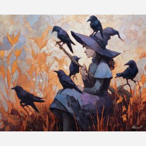 witch birds,nature harmony,oil painting