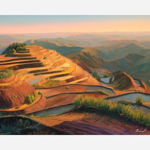 fire nature element,terraced land,ash soil growth,oil painting