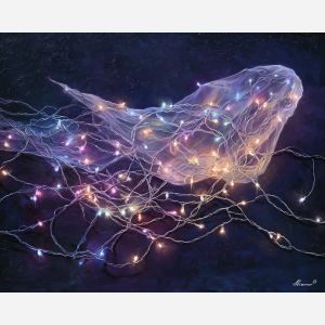 cute ghost,fairy lights,soft glow,oil painting