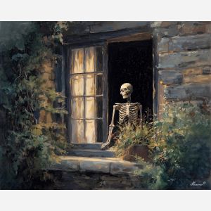 skeleton evening,window light,oil painting