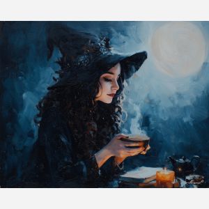 witch tea,moonlight ritual,soft magic,oil painting