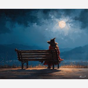 witch bench,moonlight calm,oil painting