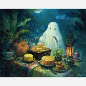 cute ghost,moon night,sweets,oil painting