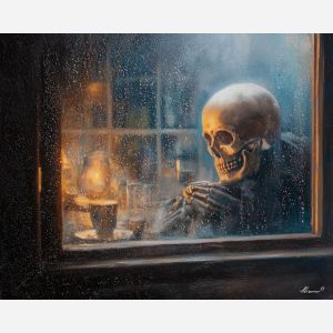 skeleton rain,window scene,oil painting