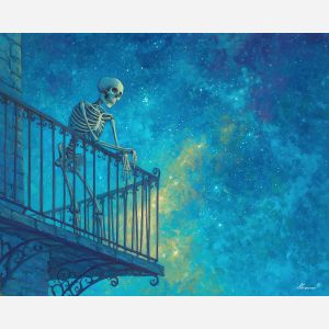 skeleton balcony,night stars,oil painting