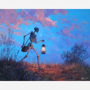 skeleton lantern,dusk walk,oil painting