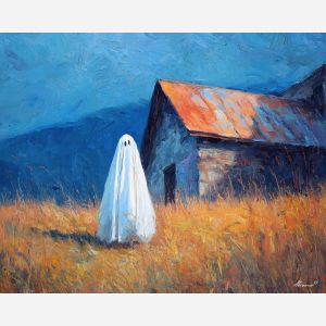 cute ghost,travel vibe,soft colors,oil painting