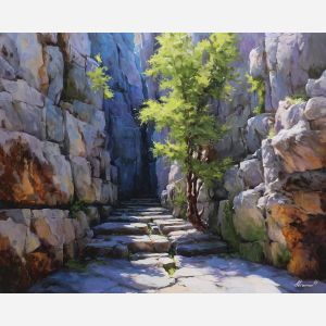 wood element,green canyon,vines stone,oil painting