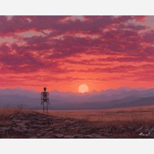 skeleton sunset,open field,oil painting