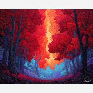 fire nature element,glowing leaves,forest grove,oil painting