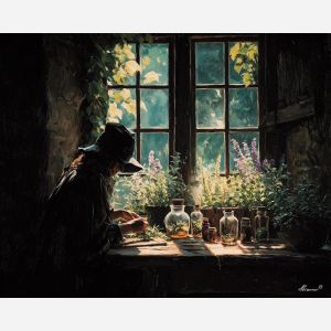 witch herbs,window light,natural magic,oil painting