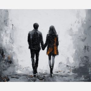silent, touch, saint valentine, love theme, couple, togetherness, romantic scene, palette knife, oil painting, impasto, thick paint, textured surface, emotional art, symbolic, intimacy, pairing, connection