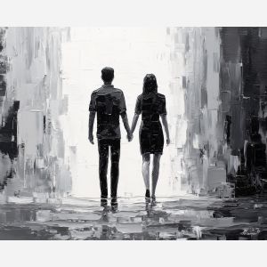 near, harmony, saint valentine, love theme, couple, togetherness, romantic scene, palette knife, oil painting, impasto, thick paint, textured surface, emotional art, symbolic, intimacy, pairing, connection