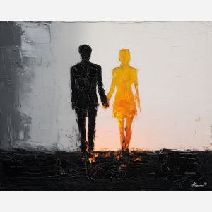 balanced, interval, saint valentine, love theme, couple, togetherness, romantic scene, palette knife, oil painting, impasto, thick paint, textured surface, emotional art, symbolic, intimacy, pairing, connection