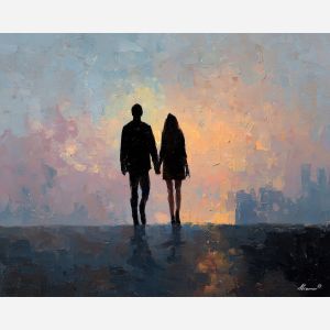 bound, interval, saint valentine, love theme, couple, togetherness, romantic scene, palette knife, oil painting, impasto, thick paint, textured surface, emotional art, symbolic, intimacy, pairing, connection