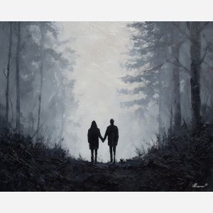 bound, resting, union, saint valentine, love theme, couple, togetherness, romantic scene, palette knife, oil painting, impasto, thick paint, textured surface, emotional art, symbolic, intimacy, pairing, connection