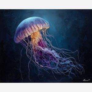 dense, scene, jellyfish, palette knife, oil painting, impasto, thick paint, textured surface, expressive art, painterly style, material depth, visual rhythm, hand painted, layered pigment, atmospheric, fine art, contemporary painting