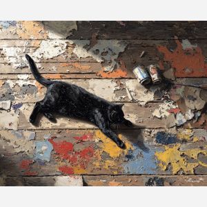 tense, broken, outline, black cat, palette knife, oil painting, impasto, thick paint, textured surface, expressive art, painterly style, material depth, visual rhythm, hand painted, layered pigment, atmospheric, fine art, contemporary painting