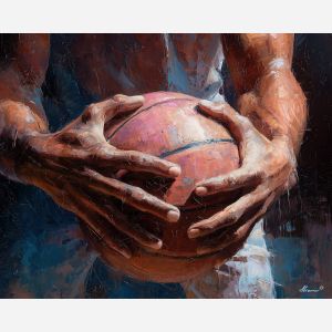 gentle, bold, form, basketball, palette knife, oil painting, impasto, thick paint, textured surface, expressive art, painterly style, material depth, visual rhythm, hand painted, layered pigment, atmospheric, fine art, contemporary painting