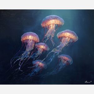 bold, hidden, vision, jellyfish, palette knife, oil painting, impasto, thick paint, textured surface, expressive art, painterly style, material depth, visual rhythm, hand painted, layered pigment, atmospheric, fine art, contemporary painting