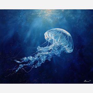 dense, calm, interval, jellyfish, palette knife, oil painting, impasto, thick paint, textured surface, expressive art, painterly style, material depth, visual rhythm, hand painted, layered pigment, atmospheric, fine art, contemporary painting