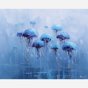 tense, soft, space, jellyfish, palette knife, oil painting, impasto, thick paint, textured surface, expressive art, painterly style, material depth, visual rhythm, hand painted, layered pigment, atmospheric, fine art, contemporary painting