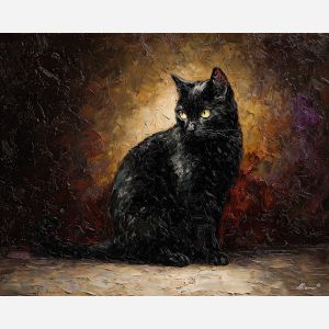 low, frame, black cat, palette knife, oil painting, impasto, thick paint, textured surface, expressive art, painterly style, material depth, visual rhythm, hand painted, layered pigment, atmospheric, fine art, contemporary painting