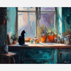 dense, hidden, moment, black cat, palette knife, oil painting, impasto, thick paint, textured surface, expressive art, painterly style, material depth, visual rhythm, hand painted, layered pigment, atmospheric, fine art, contemporary painting