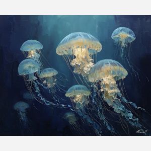 graphic, gentle, motion, jellyfish, palette knife, oil painting, impasto, thick paint, textured surface, expressive art, painterly style, material depth, visual rhythm, hand painted, layered pigment, atmospheric, fine art, contemporary painting