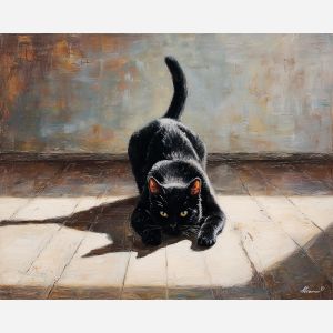 twisted, focused, figure, black cat, palette knife, oil painting, impasto, thick paint, textured surface, expressive art, painterly style, material depth, visual rhythm, hand painted, layered pigment, atmospheric, fine art, contemporary painting