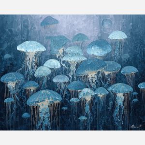 dark, heavy, outline, jellyfish, palette knife, oil painting, impasto, thick paint, textured surface, expressive art, painterly style, material depth, visual rhythm, hand painted, layered pigment, atmospheric, fine art, contemporary painting