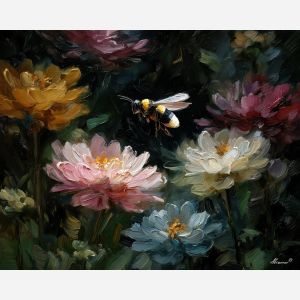 dark, low, vision, bee, palette knife, oil painting, impasto, thick paint, textured surface, expressive art, painterly style, material depth, visual rhythm, hand painted, layered pigment, atmospheric, fine art, contemporary painting