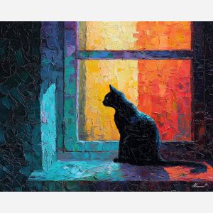 dense, interval, black cat, palette knife, oil painting, impasto, thick paint, textured surface, expressive art, painterly style, material depth, visual rhythm, hand painted, layered pigment, atmospheric, fine art, contemporary painting