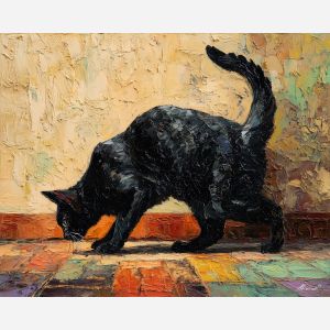 sharp, form, black cat, palette knife, oil painting, impasto, thick paint, textured surface, expressive art, painterly style, material depth, visual rhythm, hand painted, layered pigment, atmospheric, fine art, contemporary painting
