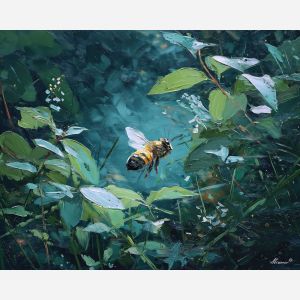 low, dark, edge, bee, palette knife, oil painting, impasto, thick paint, textured surface, expressive art, painterly style, material depth, visual rhythm, hand painted, layered pigment, atmospheric, fine art, contemporary painting